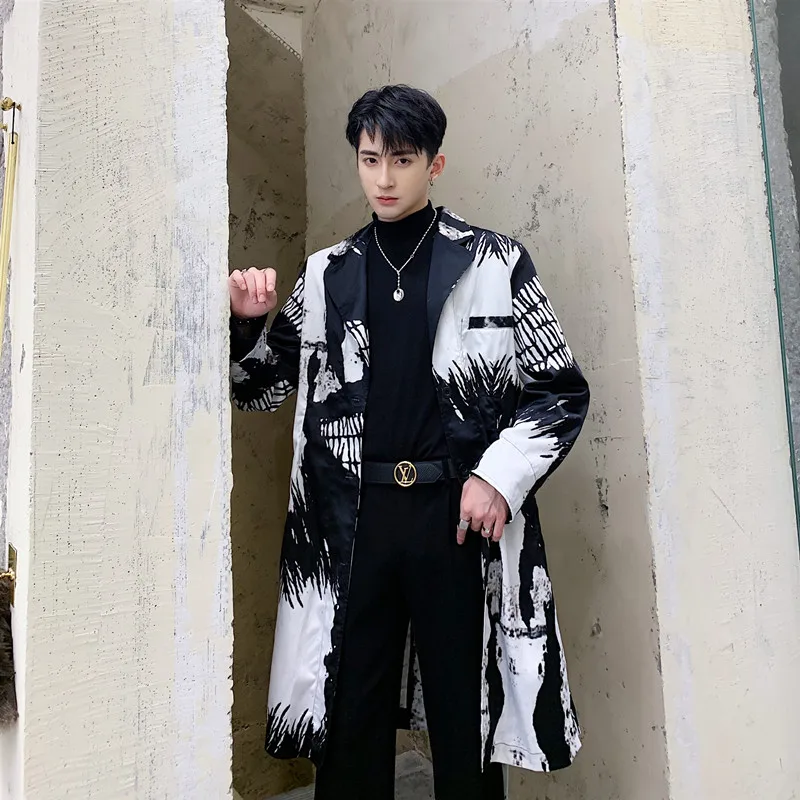 

Male Streetwear Hip Hop Slim Casual Vintage Windbreaker Jacket Outerwear Men Print Long Trench Coat Cardigan