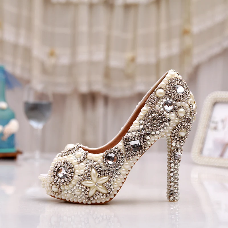 Handmade Ivory Glitter Diamond Wedding Party Prom Heels Rhinestone Peep Toe Pumps Women Pearl Crystal Bridal Shoes