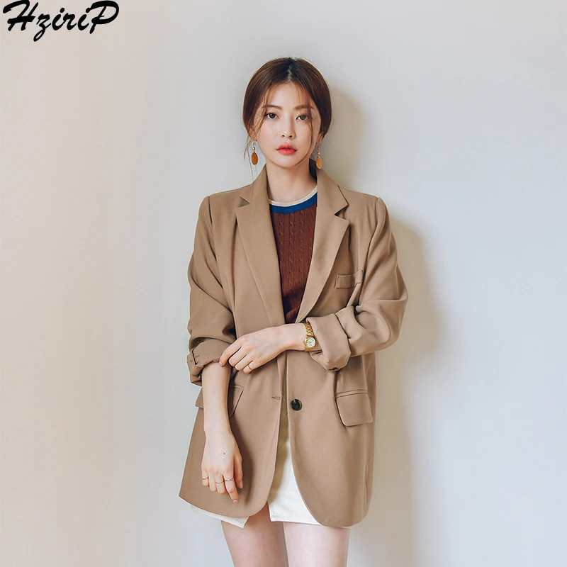 HziriP корейский шик 2018 для женщин пиджаки для однобортный осень зима свободные однотонные модные с длинным рукавом дамы Офис пиджаки