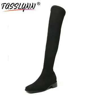 

TASSLYNN 2019 Women Boots Fashion Stretch Fabric Shoes Women Over The Knee Boots Women Square Med Heel Shoes Woman Size 34-39