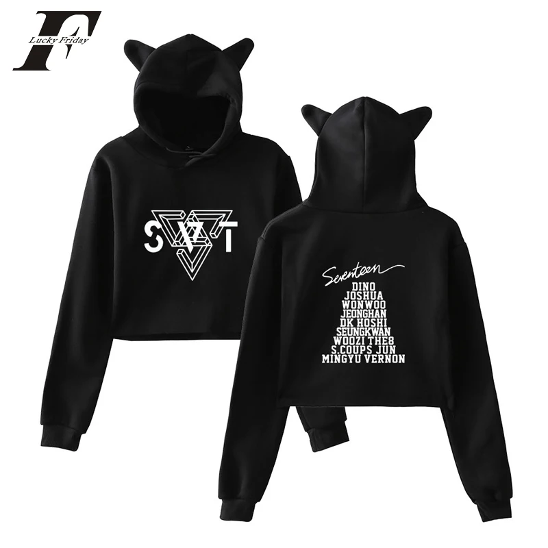 

LUCKYFRIDAYF SEVENTEEN kpop 2018 Summer hoodies sweatshirts women Crop top Funny cat ear streetwear Sexy moletom clothes