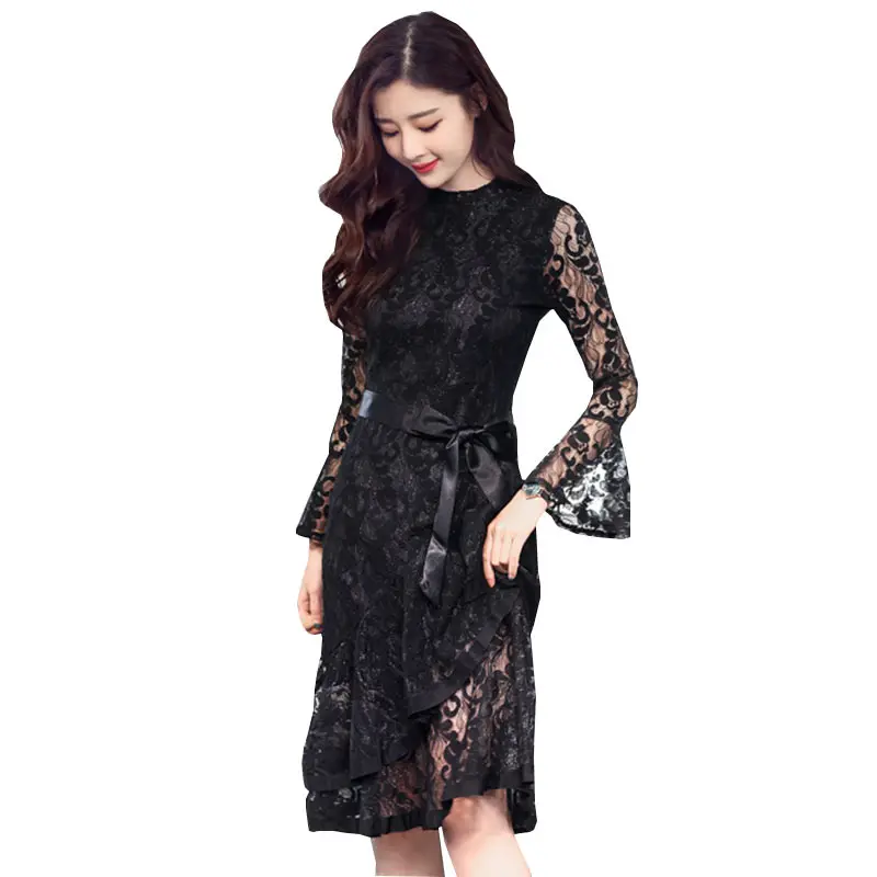 

2018 New Spring Lace Sexy Women Dress Long sleeved Hollow Trumpet Sleeve Irregular Fish Tail Female Party Dresses Vestidos WZ491