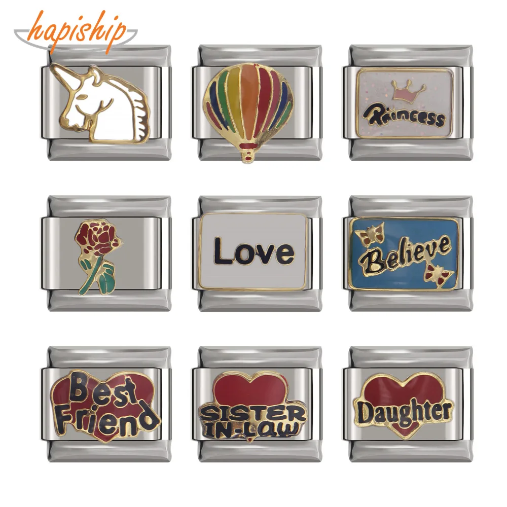 

Hapiship 9mm Width Original Daisy Love Unicorn Elephant Best Friend Dad Flower Charm Fit Bracelet Stainless Steel Links DJ26
