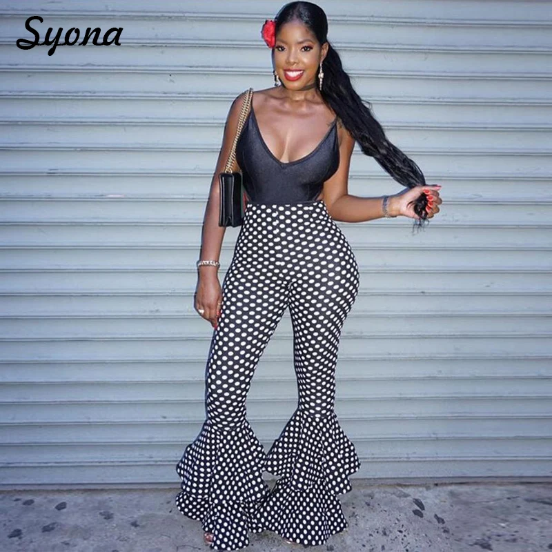 

Women BELL BOTTOM PANTS Ruffles Polka Dot High Waist Elastic Bellbottoms Elegant Ladies Bell-bottom Trousers Flare PANTS Office