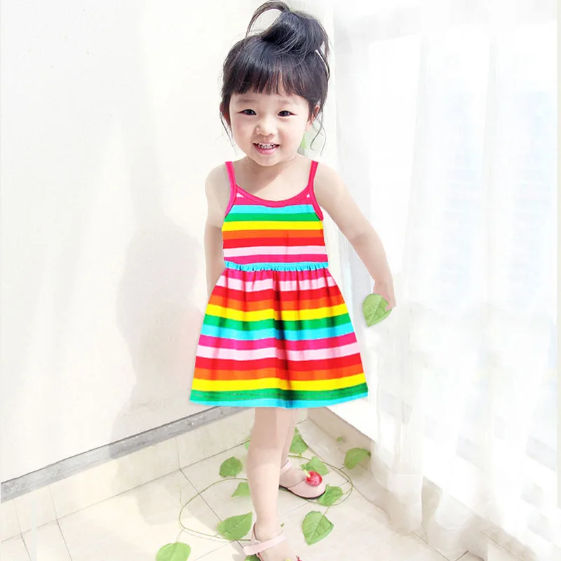 Платье для маленьких девочек От 0 до 4 лет летний для новорожденных пляжное платье в радужную полоску одежда для малышей платье для девочек Хлопковое платье для девочек