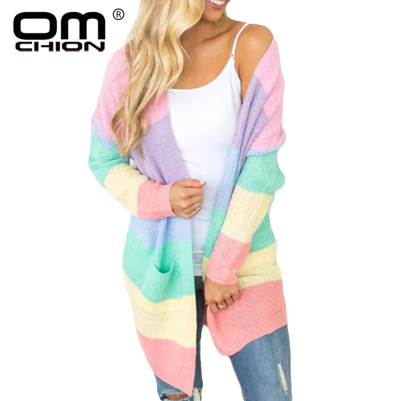 

OMCHION Plus Size XXXL 2018 Autumn Winter Rainbow Long Cardigan Women Casual Pockets Knit Sweater Coat Loose Warm Jumper LP139