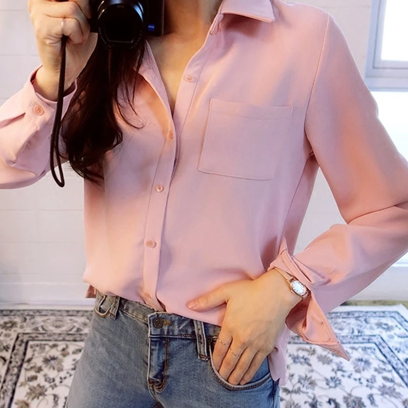 Women's Elegant Loose Fit Solid Formal Shirt Pink