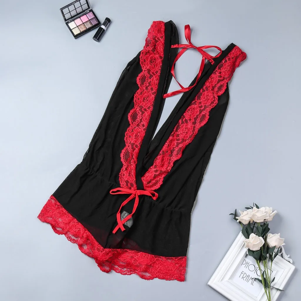 Bodysuit Women Deep V-Neck Lace Lingerie Bow knot Bodysuits Jumpsuit White Nightdress Sleepwear Catsuit Sexy Ladies