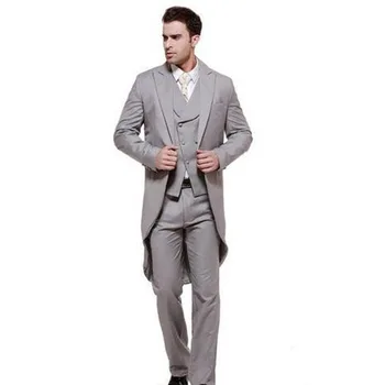 

Gray plus long blazer design men's three-piece wedding business formal wear men's wedding new suit (long coat + vest + pants)