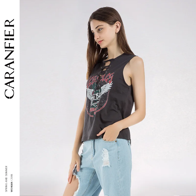 CARANFIER/женская футболка в стиле панк летающие крылья с галстуками черные летние