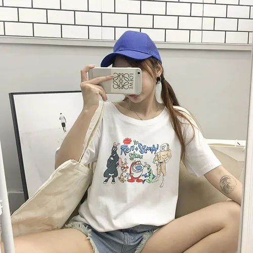 

Cute Cartoon Printed Letter Black Simple All Match Fashion 2019 Summer New Arrival Hot Sale Female Women Top Hit T-shirts