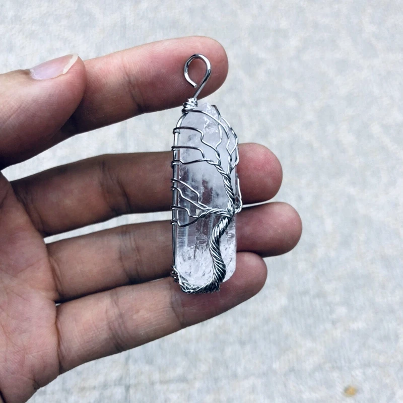 Brass Wire-wrapped Natural Clear Crystal Point Pendant