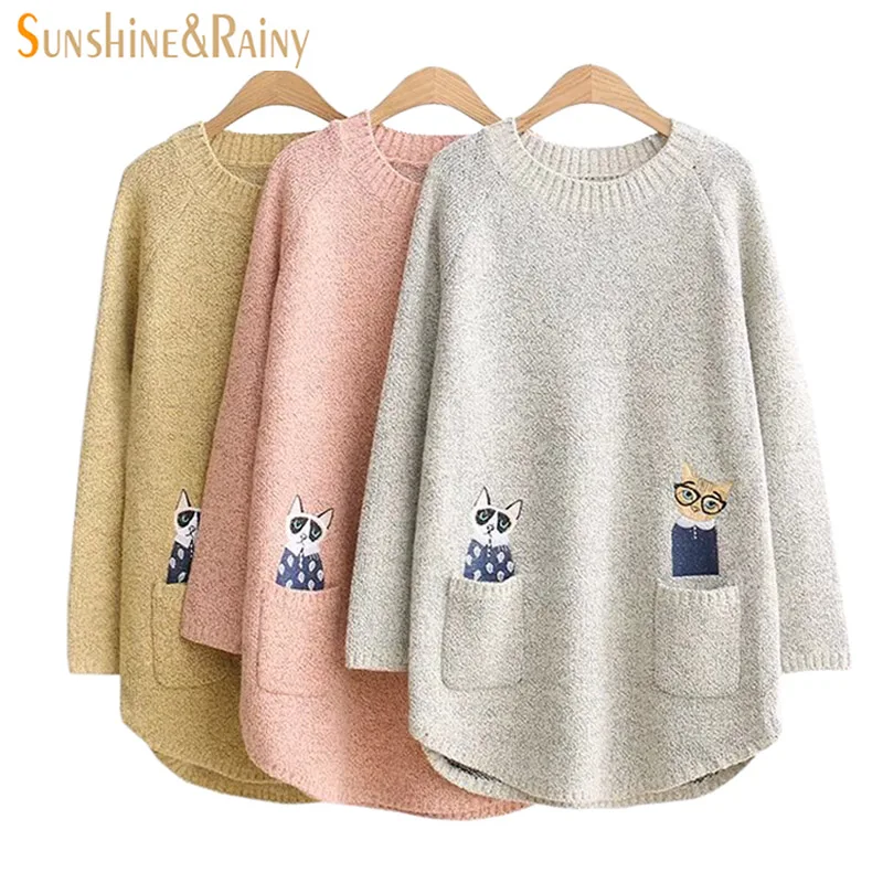 

Autumn Winter Women Long Sleeve POCKET CAT embroidery Splice Casual Pullover underwear Sweaters For Girls Pullovers Tops