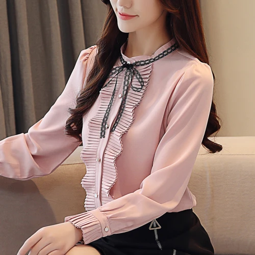 

Spring Korean Version Chiffon Women Pink Shirt 2019 New Style Autumn Stand Collar Work Wear Female Fashion Slim Bottom Blouses