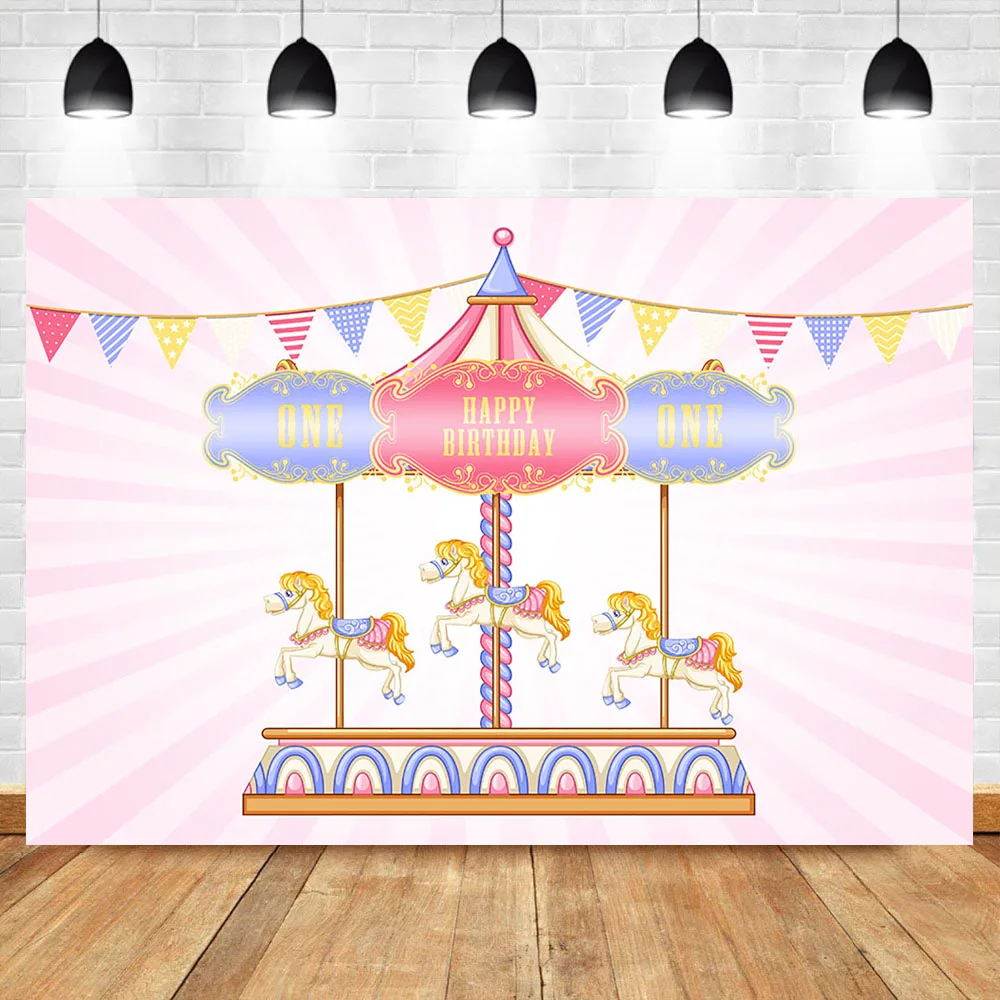 

NeoBack Carousel 1st Birthday Backdrop Amusement Park Theme Girl's First Birthday Cake Table Banner Photo Backdrops