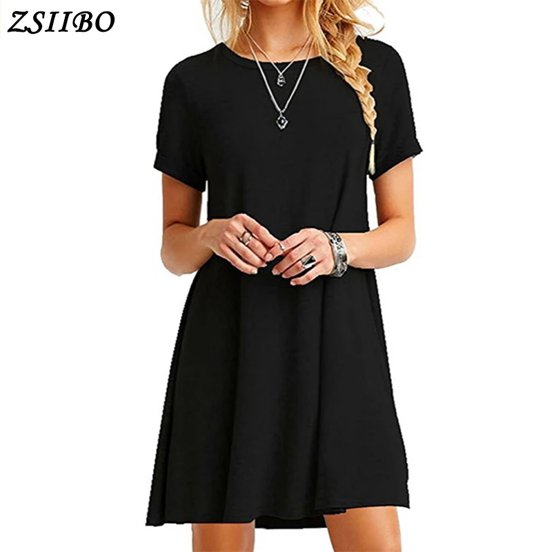

2018 Summer Women Simple Casual Dress Short Sleeve O-Neck Solid Color Dress Loose Plus Size S-2XL Female Vestidos