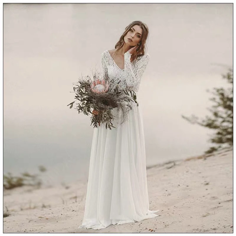 Изысканные кружевные богемные шифоновые Повседневные Свадебные платья с v-образным вырезом романтические пляжные свадебные платья с длинными рукавами и открытой спиной AX186 - Цвет: Off white