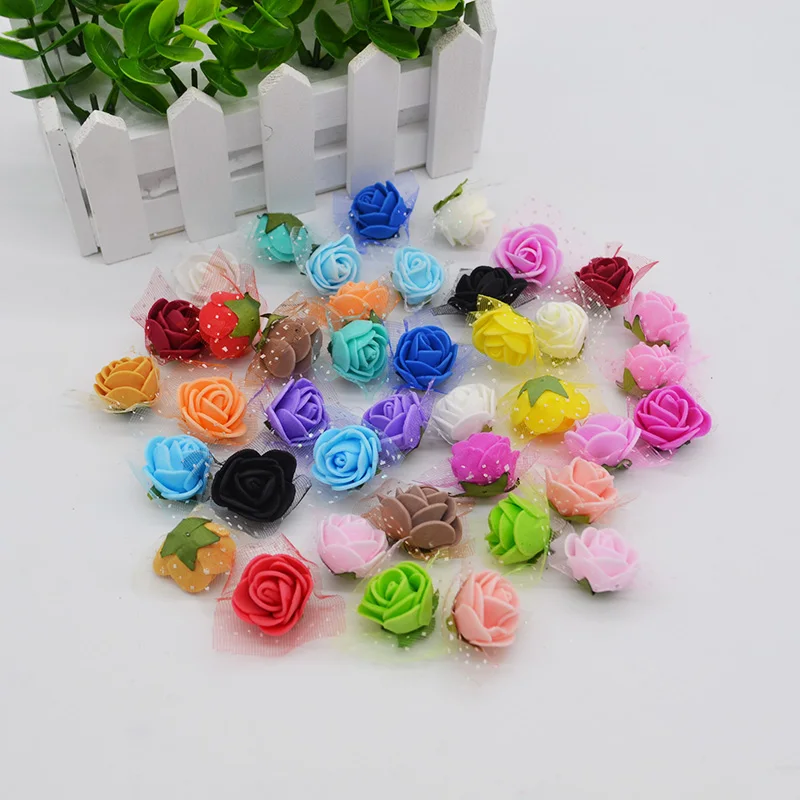 

50Pcs/lot 2.5cm Mini PE Foam Rose Artificial Silk Flower Heads With Leaves Home DIY Wreath Supplies Wedding Party Decoration