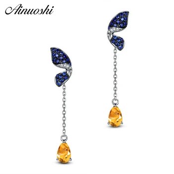 

AINUOSHI Natural Citrine Water Drop Earring 2ct Pear Cut Gemstone Engagement Party Women Jewelry 925 Silver Chain Drop Earring