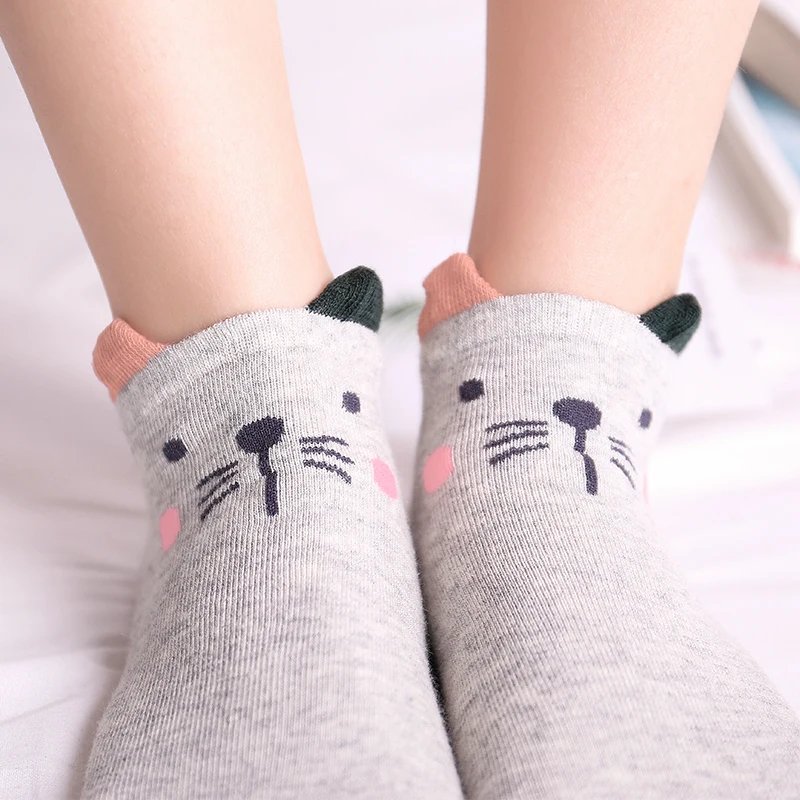 5Pairs Spring New Arrivl Women Cotton Socks Gray Gray striped Cartoon Lion Cute Ankle Socks Casual Animal Ear Gril Socks 35-40