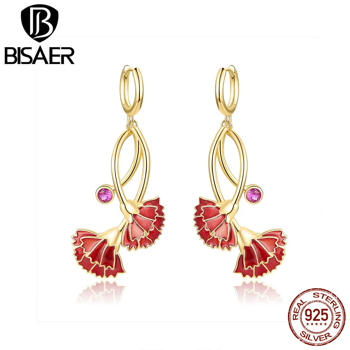 

BISAER Stud Earrings Plant Carnation Shape Fashion Earrings Jewelry For Women Shiny Cubic Zircon Summer New High Quality HNE200