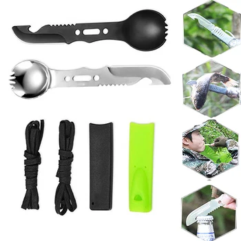 

5 in 1 Outdoor Spoon Fork Knife Set Whistle Camping Survival Tool Hiking Hunting EDC Survival Multifunctional Safety Utensil