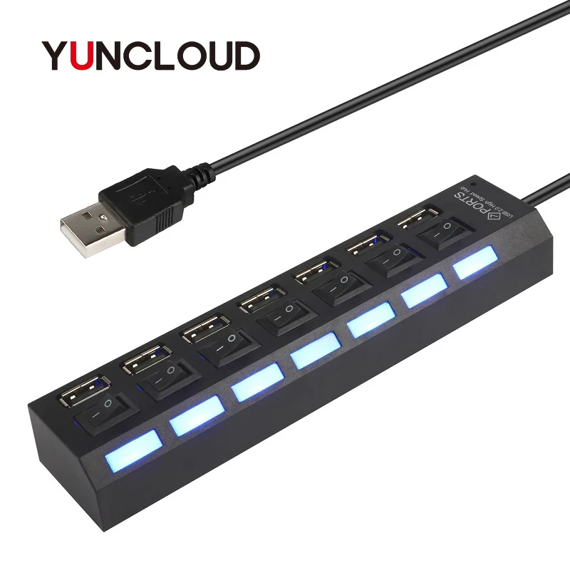 YUNCLOUD USB разветвитель 7 портов концентратор 2,0 USB вкл/выкл высокоскоростной портативный мульти-USB адаптер для ноутбука компьютер ноутбук аксессуары