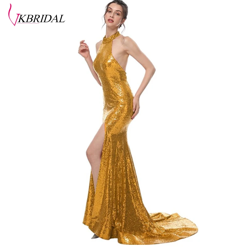 

Sexy Sleeveless Sequined Halter Mermaid Gold Bridesmaid Dresses with Side Slit Backless Chapel Train Abendkleid Party Gowns