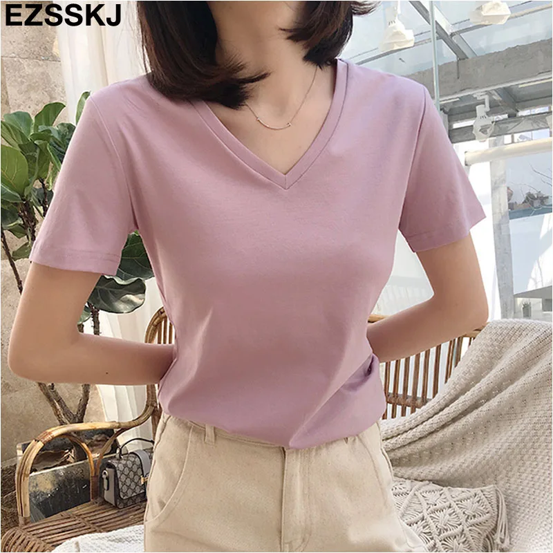 Шикарная Повседневная футболка из 95% хлопка с коротким рукавом, женская летняя Базовая футболка с v-образным вырезом размера плюс 3XL, женская футболка ярких цветов - Цвет: v-neck pink