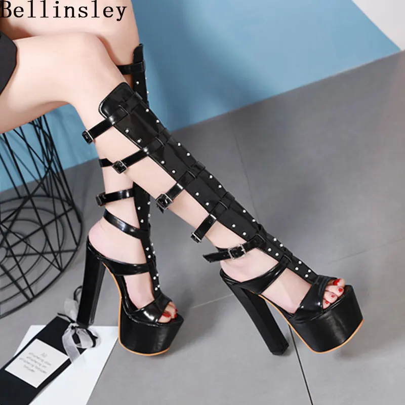 Bellinsley 2019 лето выше колена босоножки на высоком каблуке открытый носок с вырезами