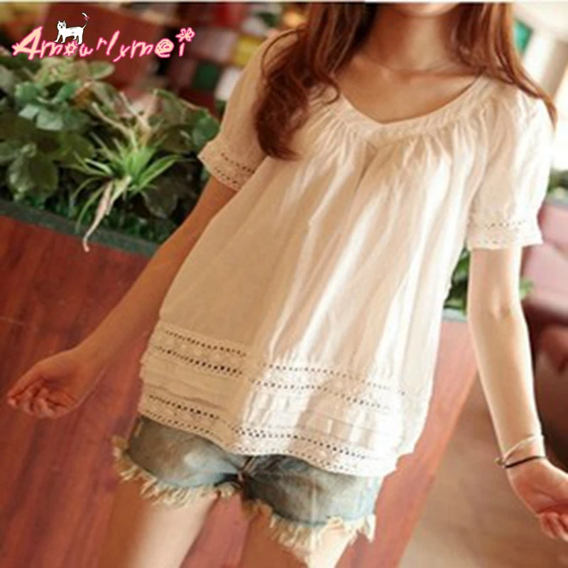 

2018 Summer new women blouse mori girl V-neck hollow out crochet lace patchwork short-sleeved cotton white shirt casual tops