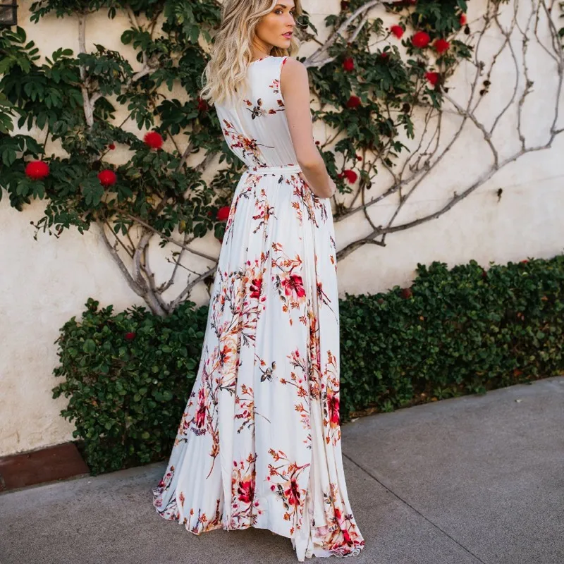 DeRuiLaDy Boho Floral Print Vintage Long Dress Sexy V Neck Dleeveless Women Maxi Dresses Summer Split Beach Party Dress Vestidos