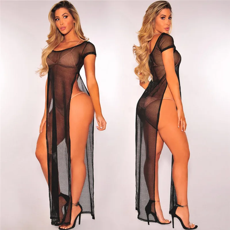 Sheer Mesh летнее платье пикантные пляжные Cover Up короткий рукав высокий разрез прозрачная Для женщин бикини Купальник Cover- up Vestidos