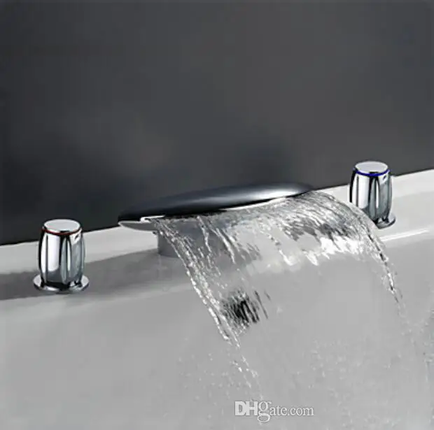 Widespread Waterfall Basin Faucet Dual Handles Bath Mixer Tap Deck Mount Chrome para de banheiro | Канцтовары для офиса и дома
