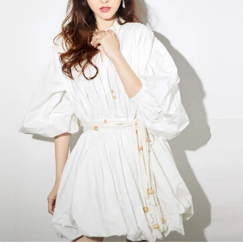

SMTHMA High quality luxury runway Spring Women White Dresses women Lantern Sleeve Elegant Party Dress vestidos