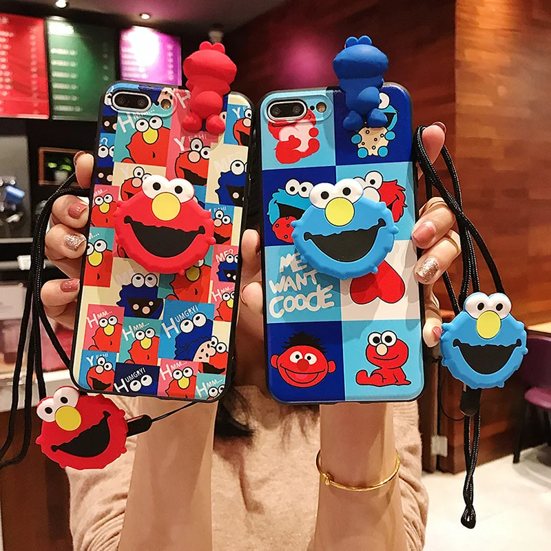 

Fashion Cute Cartoon Sesame Street 4 in 1 Case+Lanyard+Holder+Doll For iphone 6 s 7 8 8Plus X XS XR MAX Soft Silicon Phone Cover