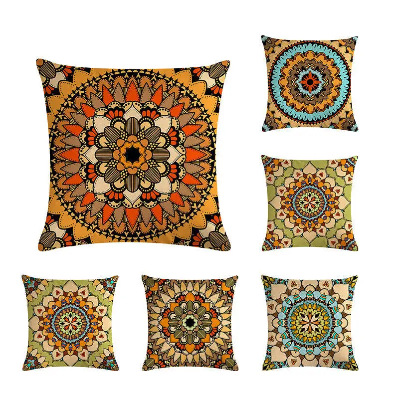

Retro Floral Cushion Cover Mandala Geometry Print Linen Pillow Covers Home Colorful Decor Sofa Couch Bed Decorative Case 45x45cm
