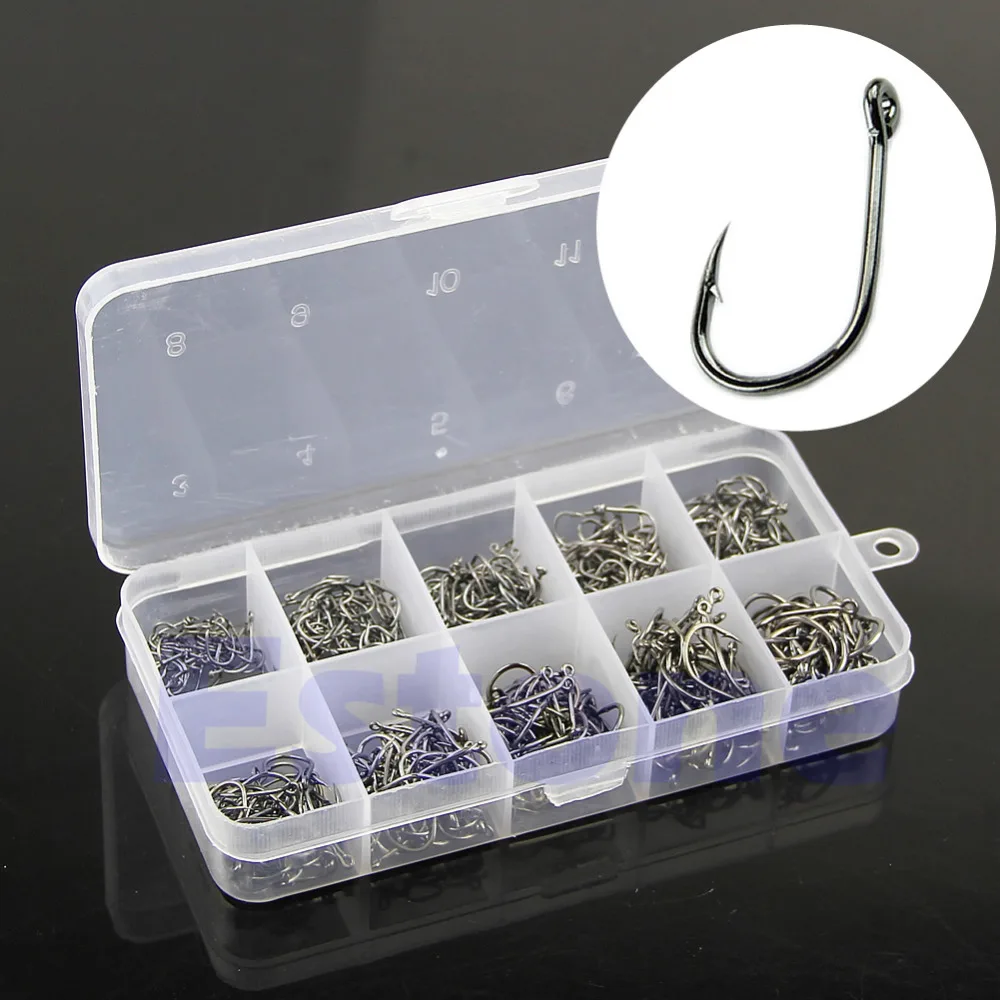500pcs/box Iron Fishing Hook 10 Sizes Assorted Sharpened Fishhooks Carp