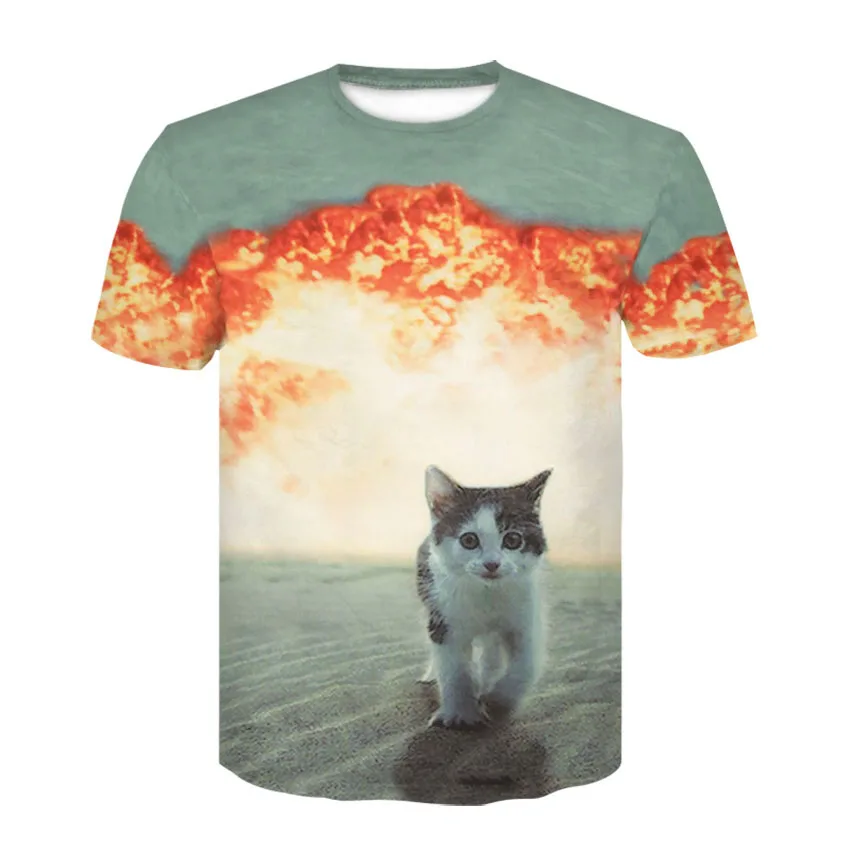 

Summer new flame cat print T shirt pop hip hop shirt round collar short sleeve T shirt fashion wholesale short sleeve
