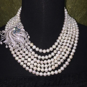 

Hyperbole Natural fresh water pearl necklace 6 layers 925 sterling silver with cubic zircon fashion women jewelry free shipping