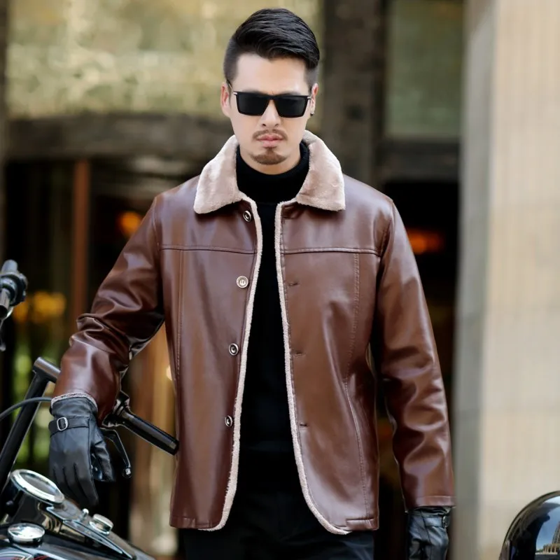 2018 Men Motorcycle Leather Jacket Fashion Quality Fleece Lined Bomber