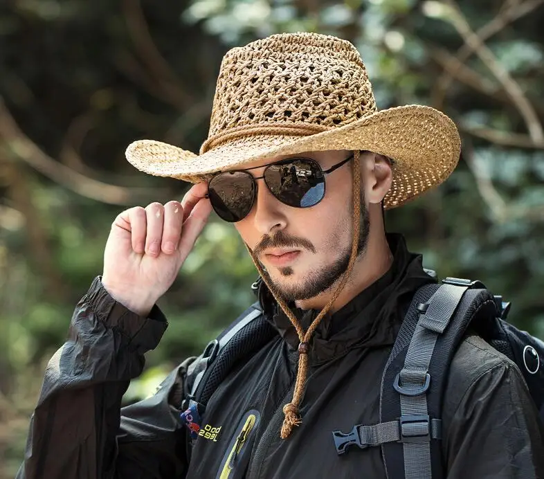 Outdoor Cowboy Hat Men's Summer Hand-made Cowboy Straw Cap Male Casual Fishing Climbing Sun Protection Breathable Hats H7260