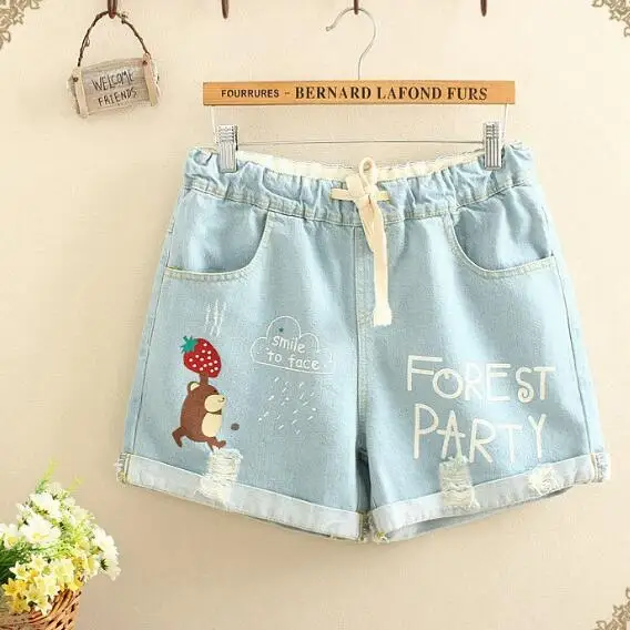 

Japanese Cool Cartoon Pattern Drawstring Vintage Denim Shorts Women Casual Elastic Waist Denim Tracksuit Mini Shorts AF788