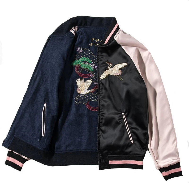

Crane Embroidery Baseball Jacket Women / Men Short Jackets Spring Fall Loose Top Double-sided Wear Ladies Japanese Style Coats