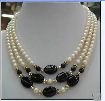 

Hot sale Free Shipping>>beautiful 3 rows white pearl black stone Necklace
