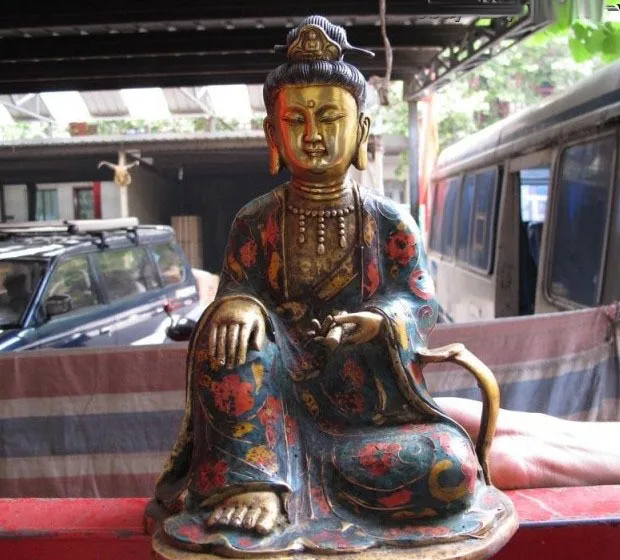

12 Tibet Bronze Gilt cloisonne Sit scripture Bodhisattva GuanYin Kwan-Yin Statue free shipping