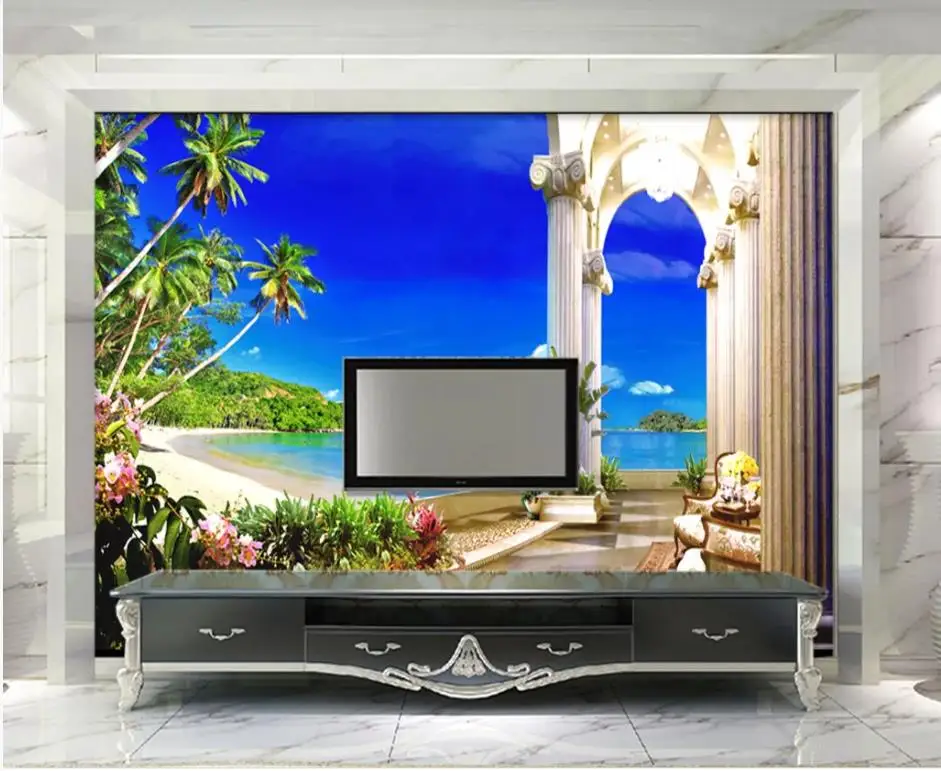 beautiful scenery wallpapers European-style balcony sea view coco beach space expansion 3D background wall beautiful scenery wallpapers European-style balcony sea view coco beach space expansion 3D background wall