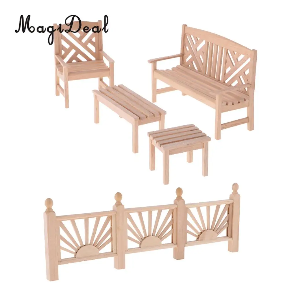 1/12 Dollhouse Miniature Unpainted Furniture Garden Park Decor Bench Chair End Table Stool Rail Fence Barrier DIY Accessories