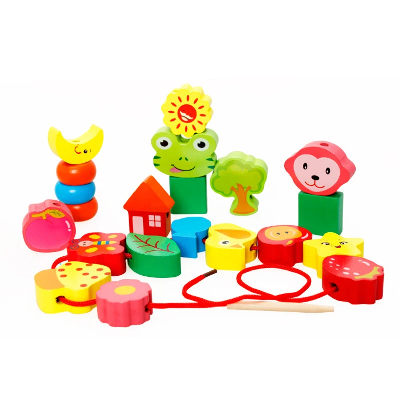 

Kids Toys Montessori Early Educational Toy Fruit/Digital/Transportation Wooden Lacing Beads Threading Building Blocks Gifts