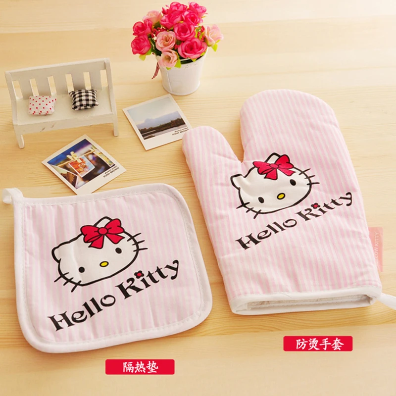 

100% Cotton Hello Kitty Microwave Oven Heat Insulation Gloves Twinset, Microwave Oven Gloves + Insulation Pad MI34